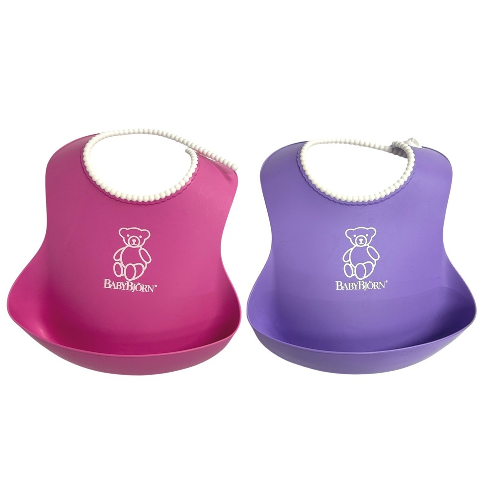 BabyBjorn Feeding Bib Lot 2 Pink Purple Adjustable Spill Pocket Baby Sweden